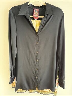 Johnny Was Black Button-Down Shirt with Printed Hem